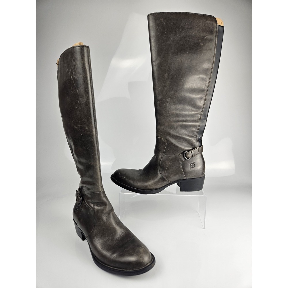 Born Sz 6M Dk Grey Leather Flannel Lined Zip Tall Riding Boots D78660‎ Womens